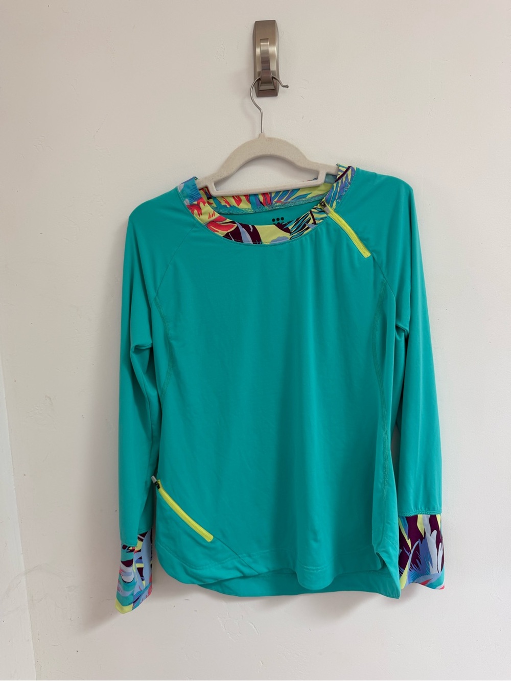 Title Nine Teal Long-Sleeve Swim Top with Bright Multicolor Trim